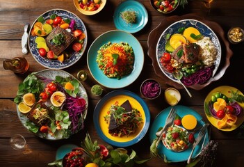 vibrant food flat lays featuring colorful plates diverse meals alluring textures tempting garnishes culinary enthusiasts, appetizing, arrangement, asian