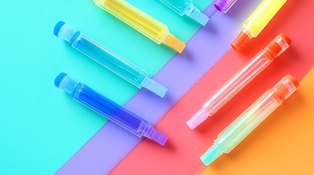 Highlighter markers with titration burettes isolated on a colorful background