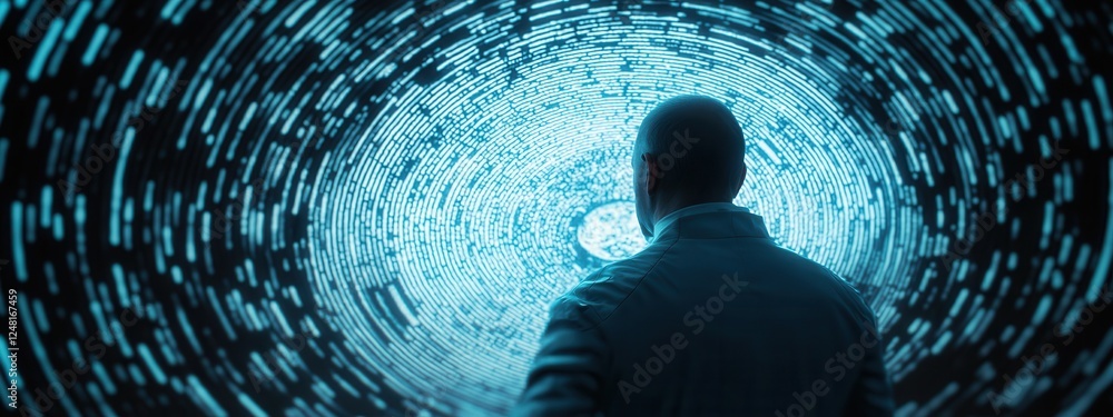 Aufkleber futuristic abstract visualization of data with male figure in a high-tech digital environment