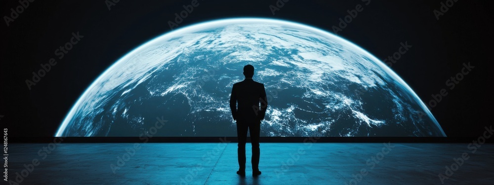 Aufkleber man in suit looking at digital earth projection in dark room creating a sense of wonder and explorat
