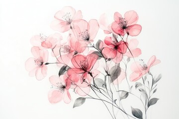 bouquet of watercolor pink wildflowers, their delicate features enhanced by clear black outlines on a white background.