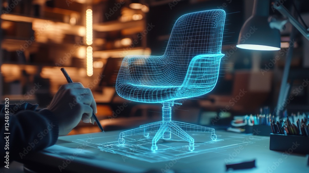 Poster the glowing outline of a virtual chair model hovers above a physical chair sketch on a worktable, wi