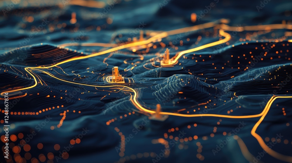 Poster Topographic map with a highlighted route leading from local resources to a central factory, symbolizing an optimized, short supply chain for efficient distribution.