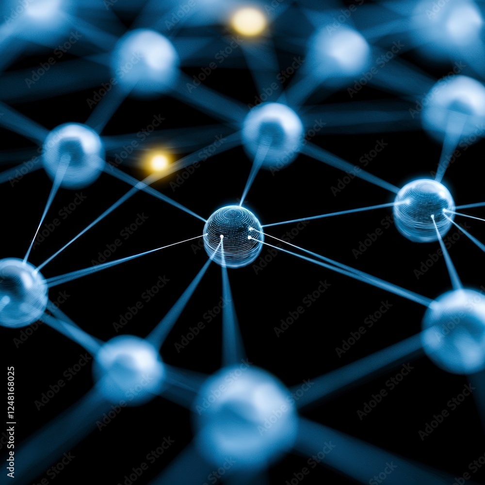 Poster abstract network of interconnected spheres in dark background