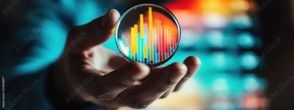 Aufkleber businessman holding magnifying glass with colorful data visualization on graphs in background