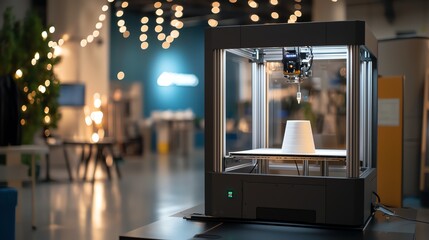 Obraz premium A modern 3D printer in action, creating a white cup. The space is bright and contemporary, suitable for innovation and creativity.