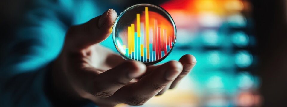 Businessman Holding Magnifying Glass with Colorful Data Visualization on Graphs in Background