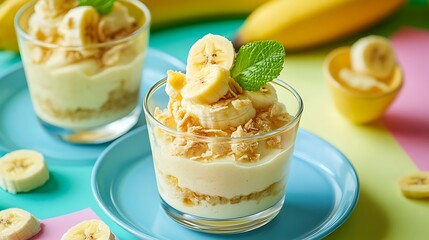 Homemade no bake banana pudding in individual classic dessert made with bananas isolated on a colorful background