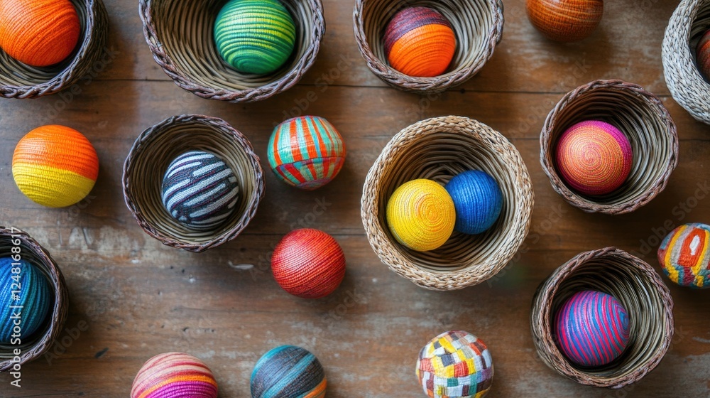 Poster Woven baskets filled with vibrant geometric spheres of various colors placed on a wooden surface, creating a visually dynamic and balanced composition with detailed textures and bright contrast.