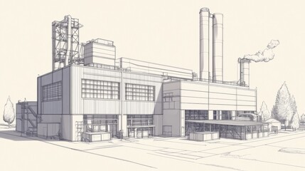 Industrial plant design, power generation, landscape background, architectural blueprint