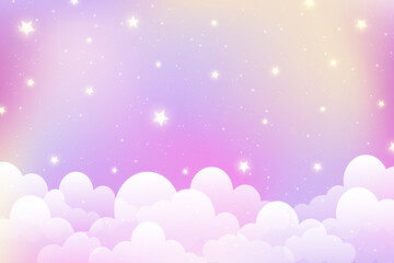 Cloudy sky background with cute stars. Magic pink pastel abstract landscape. Dreamy girly vector abstract backdrop. Cartoon soft gradient wallpaper with glitter and sparkles.