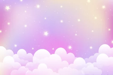Cloudy sky background with cute stars. Magic pink pastel abstract landscape. Dreamy girly vector abstract backdrop. Cartoon soft gradient wallpaper with glitter and sparkles.
