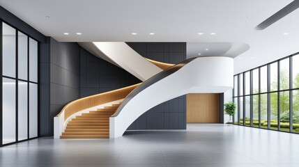 Obraz premium Modern Architectural Interior with Elegant Curved Staircase and Large Windows in Minimalist Office Environment