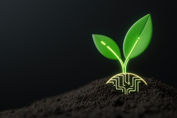 startup seed technology concept. A plant with digital leaves emerging from soil symbolizes technology and nature.