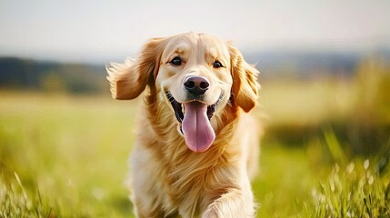 Obraz premium Happy Golden Retriever Running in a Sunny Green Field Outdoors