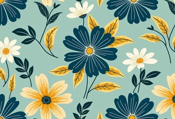 Elegant Teal Mid-Century Floral: Blue, Green, Beige Flower Pattern with Yellow Accents and Leaf Details, Perfect for Retro Design Projects.

