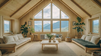 Cozy wooden cabin interior with mountain views, large windows, greenery, and natural light shining through.