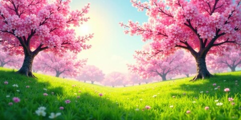 Naklejka premium Serene Springtime Meadow with Blossoming Pink Trees Under a Bright Sunny Sky