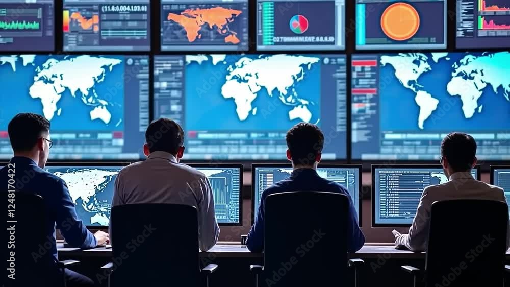 Aufkleber monitoring the world: a team of analysts observes global data, charts, and real-time information acr