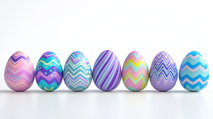 Obraz premium Colorful Easter eggs row, isolated 3d vector objects decorated with stripes and zig-zag pattern on white background. Blue, purple, green and pink holiday design elements, Realistic illustration, set
