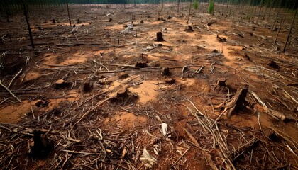 Fototapeta premium Barren Lands: A Haunting View of Deforestation, Where Life Once Thrived But Now Only Stumps Remain, Echoing the Grief of Nature Vanishing Under Human Impact and Environmental Neglect