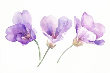 minimalist floral watercolor design highlighting three lilac freesia flowers, perfect for stationery or wall art.