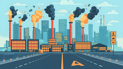 Industrial skyline with smoke-spewing chimneys, modern buildings, and cityscape under a blue sky.