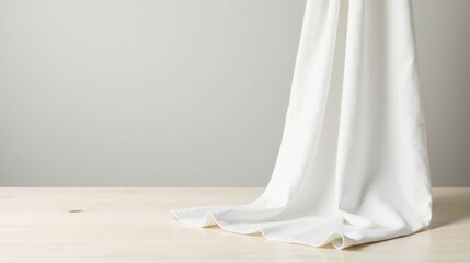 Elegant white fabric draped on a light wooden surface against a neutral backdrop