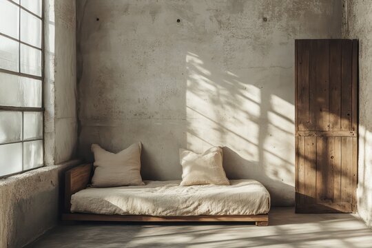 Minimalist home design with raw concrete walls, natural wooden furniture, and soft textiles for a cozy vibe.