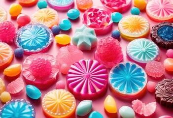 Fototapeta premium vibrant close display assorted colorful candies showcasing kaleidoscope bright hues textures perfect sweet tooth enthusiasts, candy, sweets, lollipop, gummies