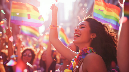Crowd celebrating pride day at a rally with rainbow flags, LGBTQ+ flags, rainbow colors, heart signs, raised arms, crowd celebration