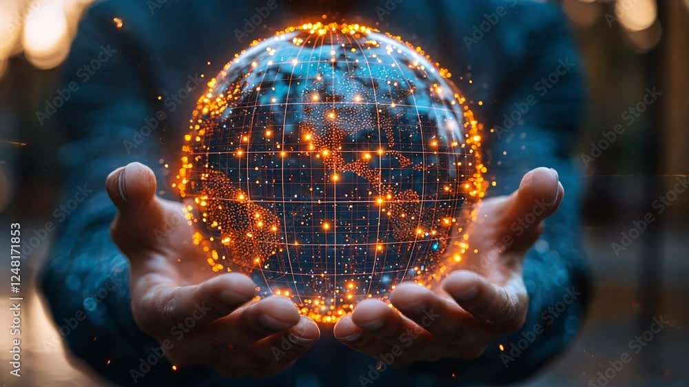 Poster global connectivity in hands: a person cradles a glowing digital globe, symbolizing interconnectedne