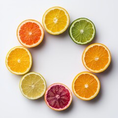 Fototapeta premium Colorful Citrus Fruits Arranged in a Circular Pattern on White Surface