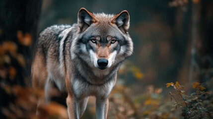Obraz premium Wolf staring, autumn forest, wildlife, nature photography