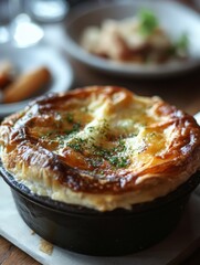 Golden and delicately baked pie served in a rustic dish on a table.