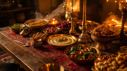 Fototapeta premium Arabic-Style Festive Food Table with Cozy Indoor Ambiance