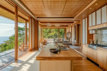 Obraz premium Modern Japandi room featuring wooden furniture, a built-in kitchen counter, and floor-to-ceiling glass doors leading to a balcony.