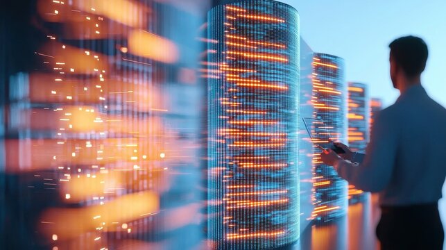 Data Center Technician Monitoring Server Array with Glowing Lights