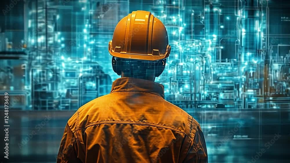 Aufkleber engineer and infrastructure: a back view of an engineer in a protective helmet looking out at a mode