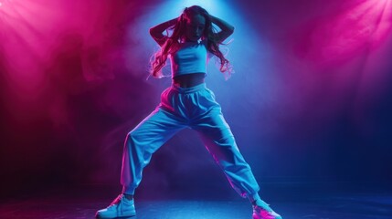 Sportive girl dancing hip-hop dance isolated on dance hall background in neon light, AI generated image