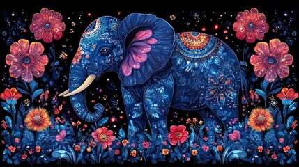 Obraz premium Ornate Illustrated Indian Elephant with Intricate Floral and Geometric Patterns in Vibrant Jewel Tones