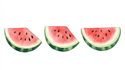 Three vibrant watermelon slices arranged artistically on a white background, perfect for summer themes