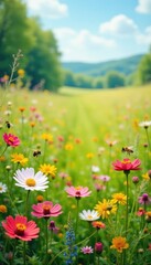 serene summer field with a variety of colorful wildflowers and bees, wildlife, outdoor scene, insect
