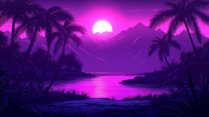 Obraz premium Purple Sunset Tropical Paradise Island Escape Scenic View