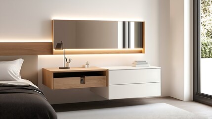 A modern bedroom setup featuring a sleek, minimalist dresser with a large mirror, complemented by subtle lighting and a cozy aesthetic.