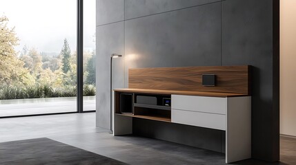 A modern, stylish console with a wooden top and minimalist design, set against a large window showcasing a natural landscape.