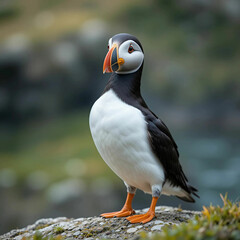 It looks like you're requesting a close-up shot of an Atlantic puffin standing on a rock with a blurred background.