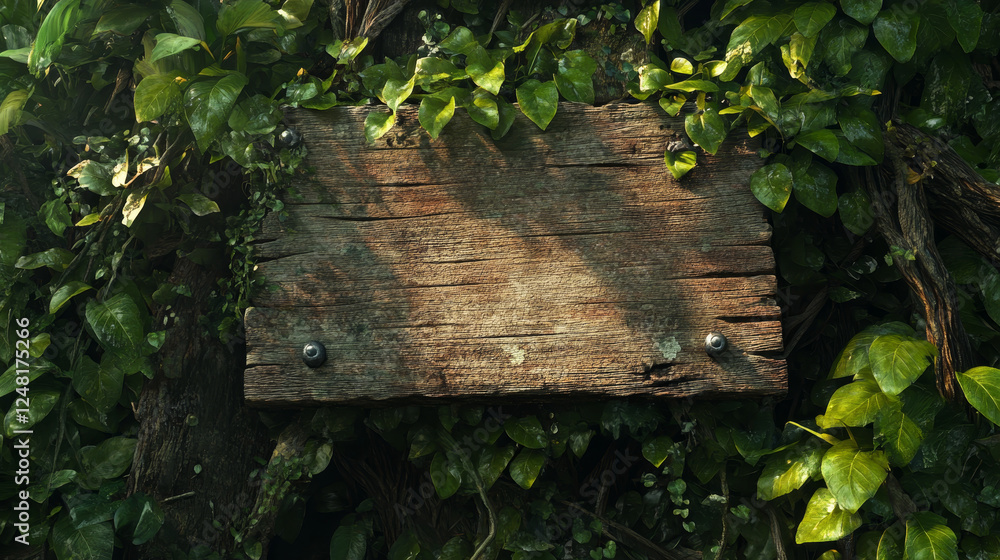 Poster wooden signboard collection with jungle elements - directional game pointers, rustic planks covered 