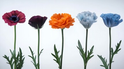 Naklejka premium Five Colorful Flowers In A Row On White Background