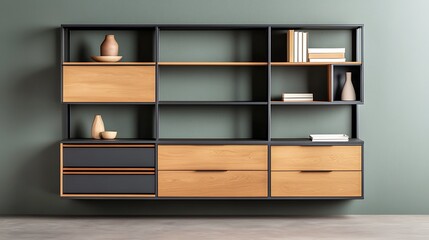 A modern shelving unit featuring a mix of wood and metal finishes, showcasing decorative items against a muted green wall.